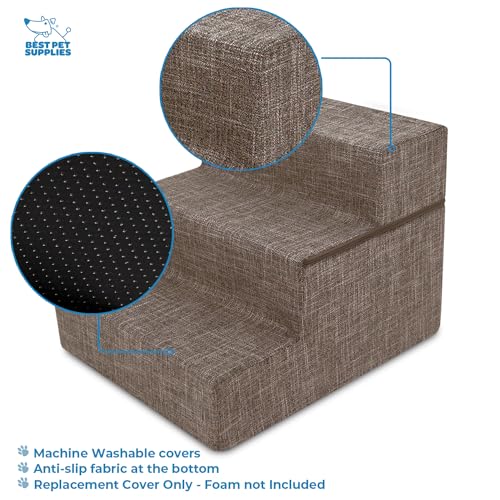 Image of Best Pet Supplies Dog Stairs & Steps - Foam Steps for Small Dogs & Cats, Non-Slip Indoor Balanced Pet Step Support, Dog Ramp, No Assembly, Brown Linen, Foldable 3-Step (16.5-inch Height)