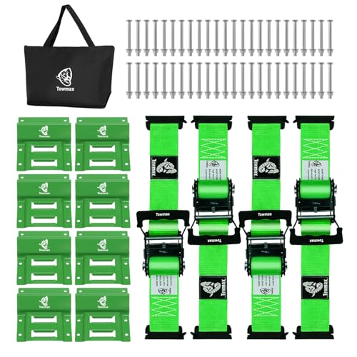 Towmax UTV Wheel Chock Tie-Down Kit - 4,500lb Break Strength Heavy Duty Trailer Tire Straps System - 4Pack 2' x 8' E Track Ratchet Straps for SXS, UTV, ATV, Lawn Mower (Bright Green)