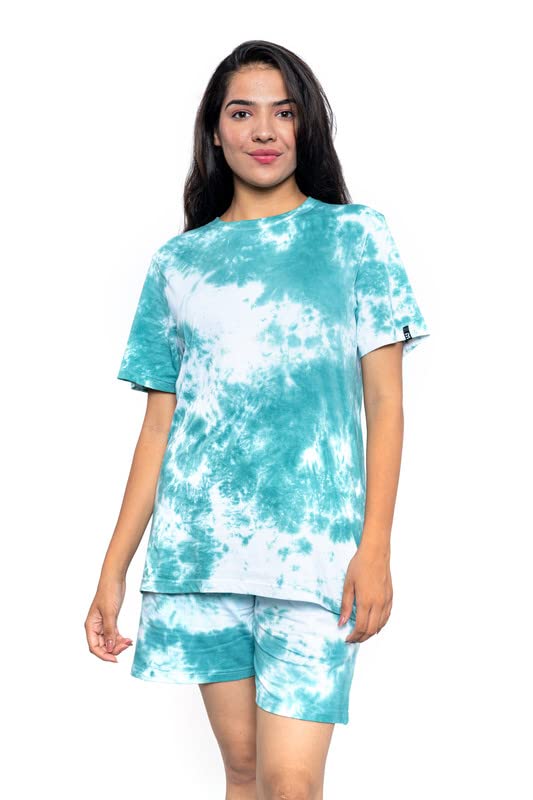 Image of EK RAG' Unisex Tie and dye & Solid Colours Half Sleeves Co - ords Set : Half Sleeve T-Shirt + Shorts Tie dye & Solid Colours For Men & Women