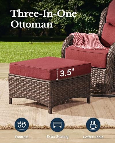 HILLGA Luxury Patio Furniture Set with 6-inch Thick Cushion, Outdoor High Back Swivel Rocker Patio Chairs, 5PCS Wicker Conversation Set for Deck Yard and Poolside, Burgundy (V2)