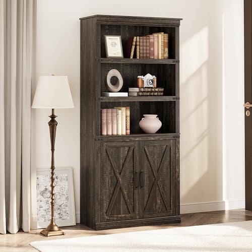 GAOMON Farmhouse Bookcases with Doors, 5 Tier Bookshelf with Storage, 70 inch Tall Bookshelf and Bookcase, Wooden Storage Cabinet for Living Room, Home, Office, Bedroom (Dark Oak)