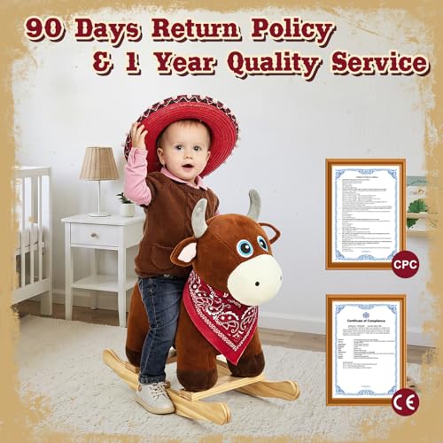 Image of FUNLIO Bull Rocking Horse Ages 1-3, Wild Baby Rocking Horse with Cuddly Head & Bright Sparkling Eyes, Stuffed Plush Ride-on Baby Rocker, Easy to Assemble, CPC & CE Certified