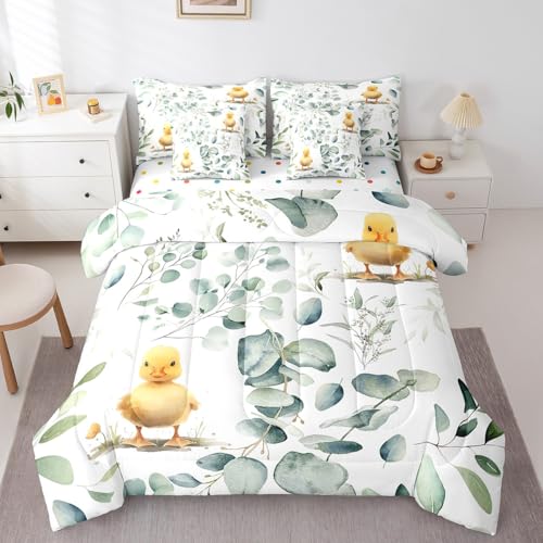 Erosebridal Bettwäsche-Set für Kinder, niedliches Tierkönigin-Bettwäsche-Set, 7-teilig, für Mädchen und Jungen, Cartoon-Ente, Eukalyptus-Bett in einer Tasche, Aquarell-Blätter, Bettwäsche-Set,