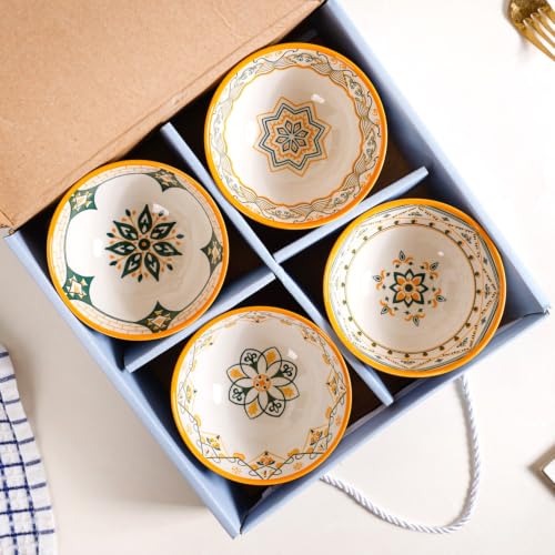 Image of Nestasia Ceramic Snack Bowl Set of 4 (300ml Each) - Dishwasher & Microwave Safe Bowls for Serving Soup, Rice, Dal, & Salad | Geometric Printed Bowls with Glossy Finish - Ideal for Gifting
