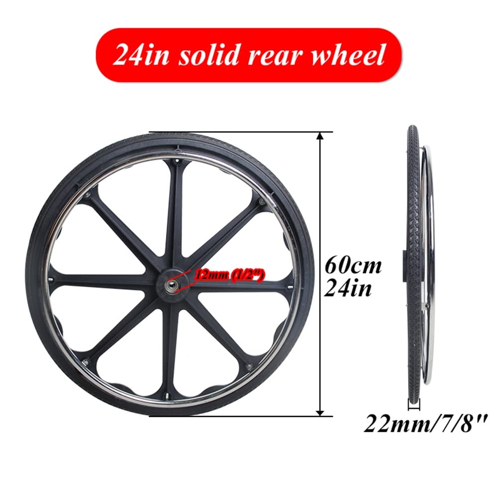Piezas de Repuesto de Rueda de 24 Pulgadas para Silla de Ruedas, Conjunto de Rueda Giratoria de Neumático de Poliuretano Sólido de 24X7/8, Rodamiento de 12 Mm (1/2 "), 2 Piezas/Black/24"X7/8"