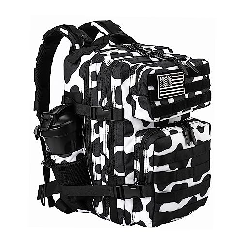 LHI Tactical Military Backpack for Men and Women 25L Army Assault Pack Bag Large Rucksack with Molle System-Black White Cow