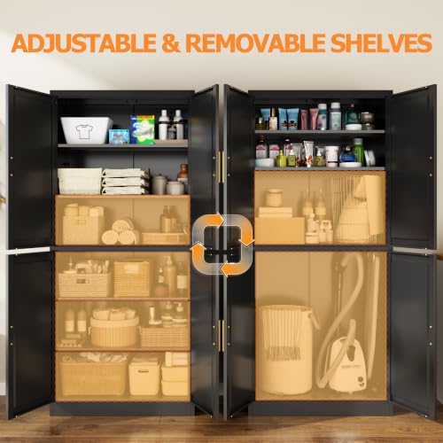 Image of Wanfu 71 inch Tall Pantry Cabinet, Metal Kitchen Pantry Cabinet with 4 Doors and 4 Adjustable Shelves, Kitchen Pantry Storage Cabinets, Metal Storage Cabinet for Kitchen, Dining Room, Living Room-Black