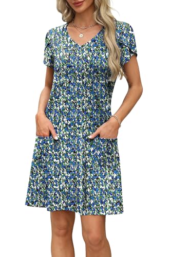 Image of OFEEFAN Womens Summer Dresses 2026 Tulip Petal Short Sleeve V Neck Loose Swing Sundresses with Pockets Plain /Print