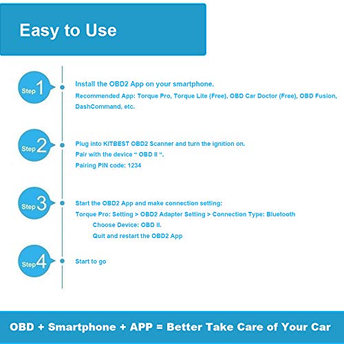 Kitbest Bluetooth OBD2 Scanner Mini OBD Car Diagnostic Code Reader for Android & Windows, Check Engine Light Scan Reader. Supports Torque Pro & Lite, OBD Fusion, DashCommand