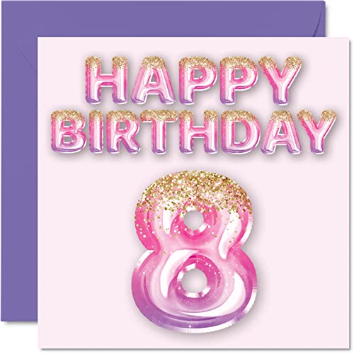 Carte 8e anniversaire filles ballons paillettes rose violet