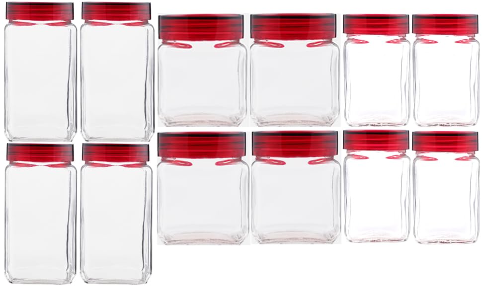 Feelopie Piramal Glass Square Jar Storage Container Set - Plastic Acrylic Maroon With Airtight Leakproof Lid for Kitchen - 12 Pcs Combo (4 X 1000Ml, 4 X 600Ml, 4 X 300Ml)