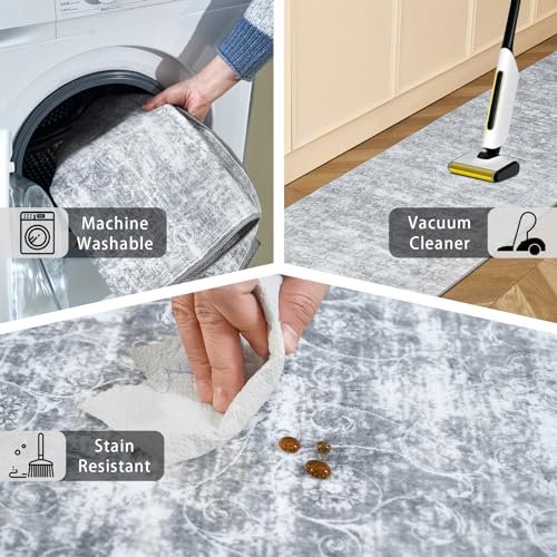 Non Slip Hallway Runner Rug 2'x6' Long for Kitchen Machine Washable Soft Floor Carpet Runners Rubber Backed for Hall Laundry Room Living Bathroom Bedroom Entryway 6 ft,Silver Grey