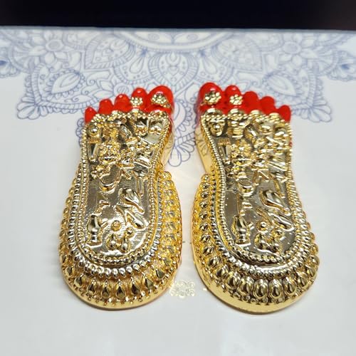 Image of ARNAVIRA Real 24K Gold Plated with Red Paint Finish Maa LakshmiJi Charan Paduka | Maa Lakshmi Feet for Pooja Room /Return Gift & House Warming