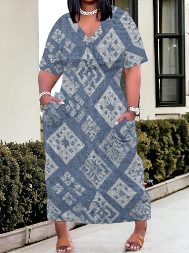 Image of SUZONANA Plus Size Denim Print Maxi Dresses for Women Casual V Neck Short Sleeve with Pockets Soft Jean Look Dress XL-6XL