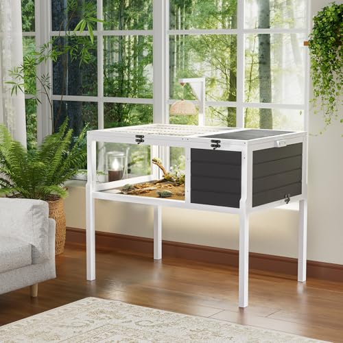 Turtle Habitat Enclosure, Large Wooden Tortoise House for Indoor and Outdoor Use, Reptile Enclosure with Openable Roof & Secure Locking System (Dark Grey, with Leg)