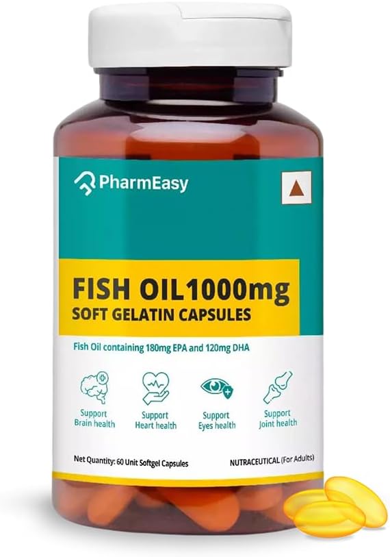 Omega 3 Fish Oil 1000mg Softgel Capsules with 180mg EPA & 120mg DHA for Men & Women, Supports Heart, Brain, Eye & Joint Health, Pack of 60