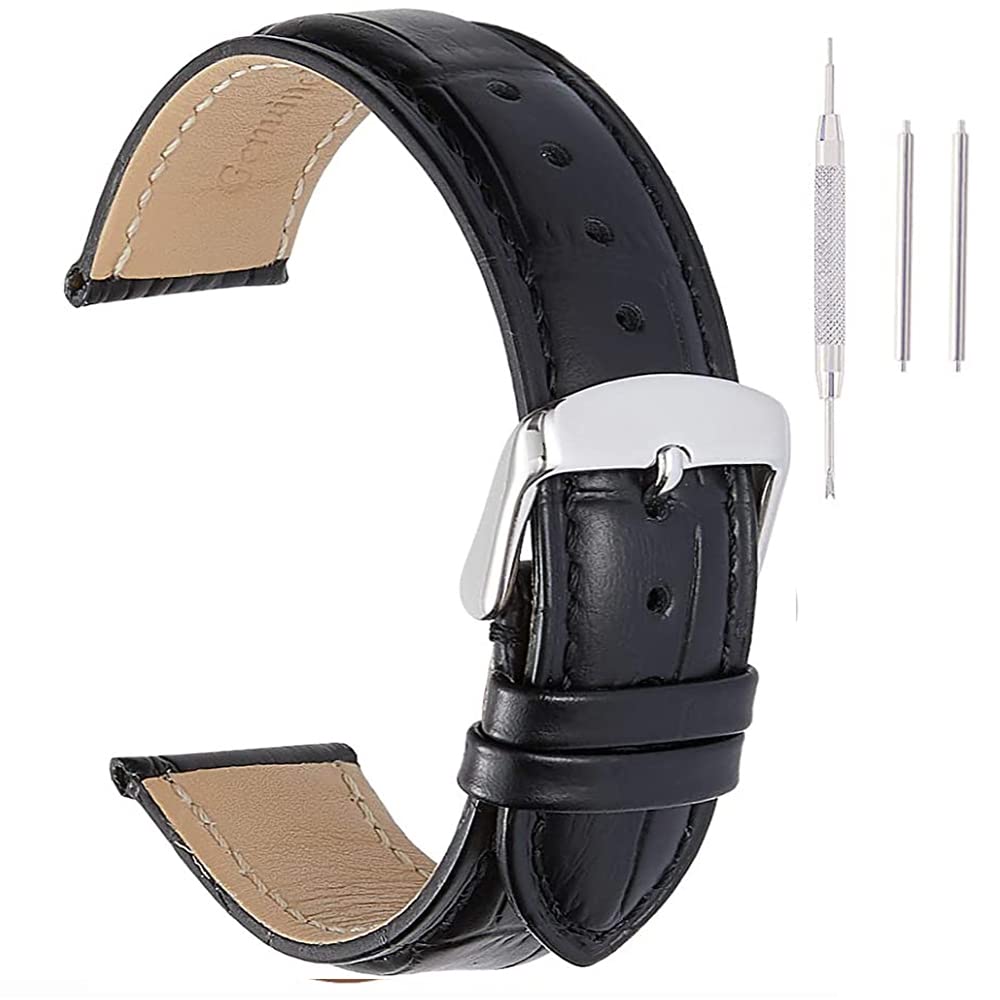 ND YHMOO Watchband Full Grain Scafskin Strap-Alligator Grain Embossed Pattern genuine leather Band Replacement Stainless Steel Pin Buckle Wristwatch Bracelet for Men Women- 22mm (BLACK)