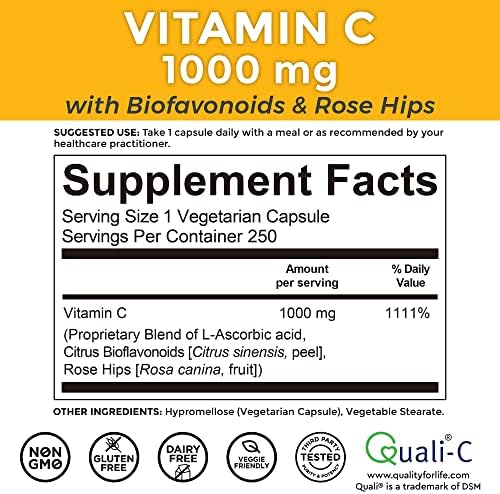Viva Naturals Vitamin C 1000mg - Non-GMO Vitamin C Supplements with Citrus Bioflavonoids & Rose Hips for Immune Support & Antioxidant Protection, 250 Vegetarian Capsules 6 Viva Naturals Vitamin C 1000mg - Non-GMO Vitamin C Supplements with Citrus Bioflavonoids & Rose Hips for Immune Support & Antioxidant Protection, 250 Vegetarian Capsules