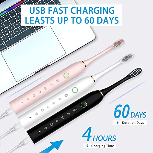 Image of Electric Toothbrush with 8 Brush Heads, 42000vpm 6 Modes IPX7 Waterproof, Soft Electric Toothbrush for Adults - 3 Pack, Black+White+Pink