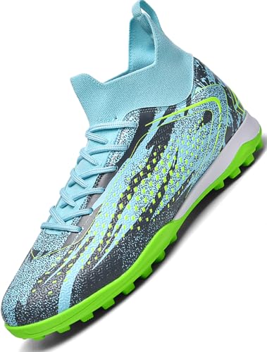 Donbest Botas de Fútbol Niño Zapatos de Fútbol Altos para Césped Artificial Natural e Indoor Zapatillas de Fútbol con Tacos Antideslizantes,Blue,EU35