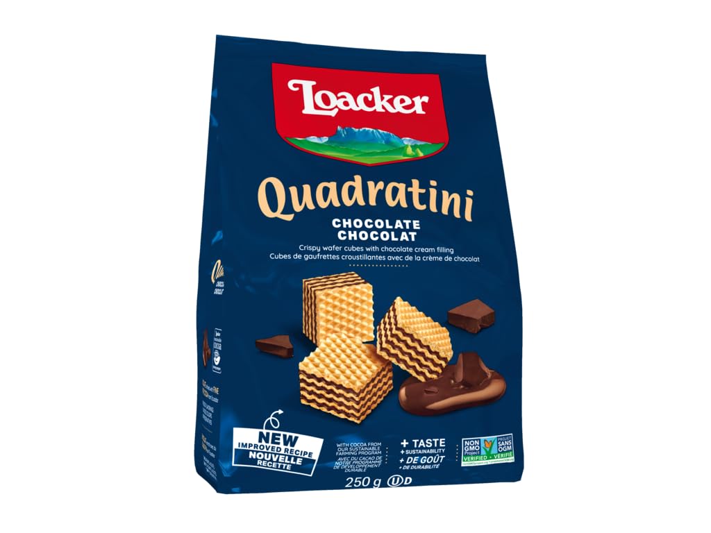 Loacker Quadratini Chocolate Wafer Cookies - 30% Less Sugar - Premium Crispy Bite Size Wafers With Chocolate Cream Filling - Resealable Family Pack - Non-Gmo - Fine Flavor Cocoa From Our Sustainable Farming Program - Large Snack Bag 250G/8.82Oz