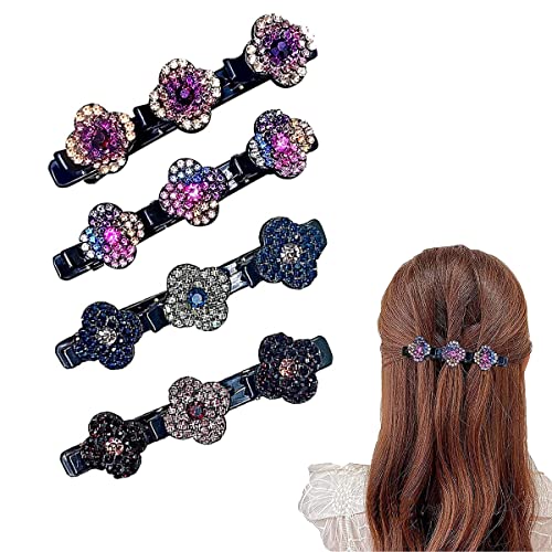 Hoyejyou Sparkling Crystal Stone Braided Hair Clips for Women, Barrette with 3 on Top, Clip Barrette, Satin Fabric Bands, Four-Leaf Clover Hairpin Duckbill Girls (4Pcs)