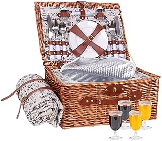 Picnic Basket for 4 Wicker Picnic Set with Large Insulated Cooler Compartment Waterproof Blanket & Cutlery Service Kit Retro Classic Willow Picnic Hamper Set for Camping Outdoor Birthday Party (boat)