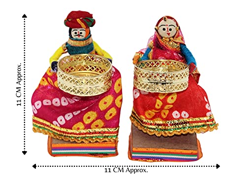 Image of JH Gallery Handmade Recycled Material Rajasthani Dolls Puppet Tealight Candle Holder, Multicolor, 11 x 11 cm, 1 Pair, Home Decor & Decoration Items for Living Room, Office and Hall