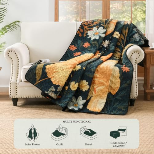 Image of Andency Floral Boho Queen Quilt Bedding Set Dark Green, 3 Pieces Farmhouse Flower Botanical Summer Bedspreads with 2 Shams, Soft Reversible Lightweight Polyester Coverlet Set for All Season, 90 inchx96 inch