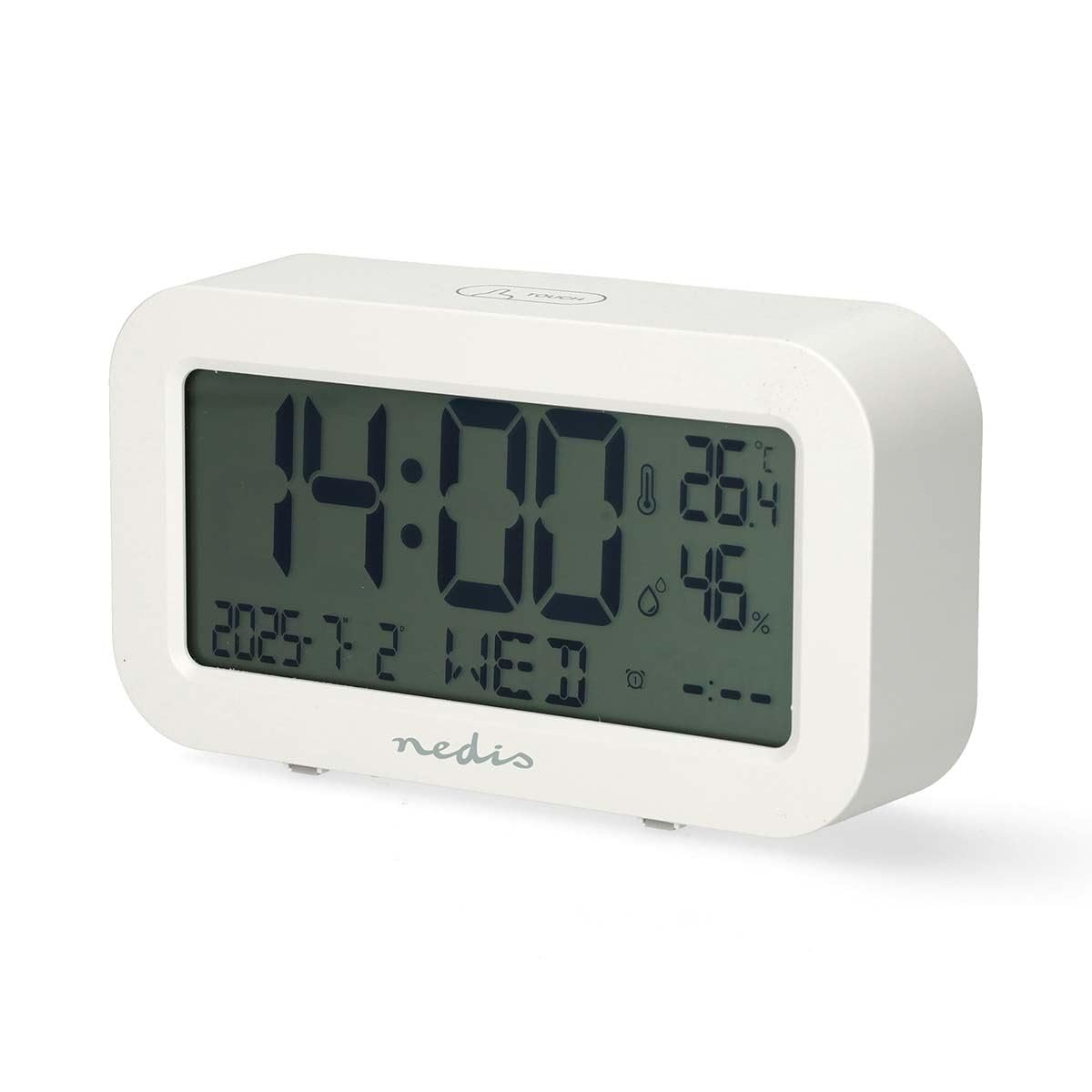 NEDIS Digital Desk Alarm Clock, Blue LCD Backlight with Dual Alarm and Snooze, Battery Operated Bedroom Clock with Temperature, Humidity and Date - White