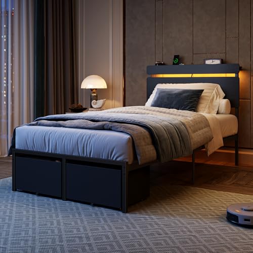 Image of Forestell Twin Bed Frames with Wood Headboard, Black Platform Bed with 2 Storage Drawers & Shelf, Built in Charging Station & LED Lights, Metal Support, No Box Spring Needed, Camas Twin Size