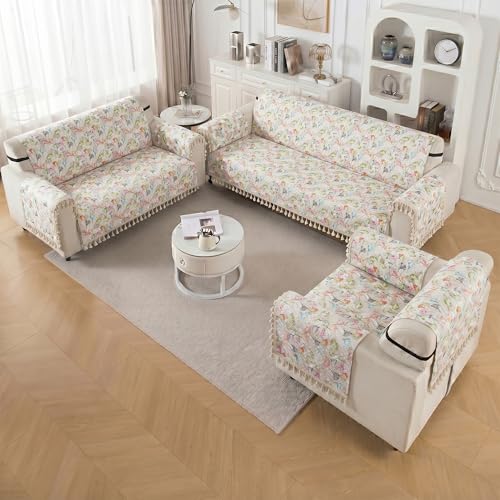 Image of Story@Home Sofa Cover with Tassel for 2 Seater Sofa | Full Protection for Seat Back & Arms | Quilted Velvet Anti Slip Sofa Mat for 2 Seater with 2 Armrest Covers (152x122 Cm) - White & Multi Color