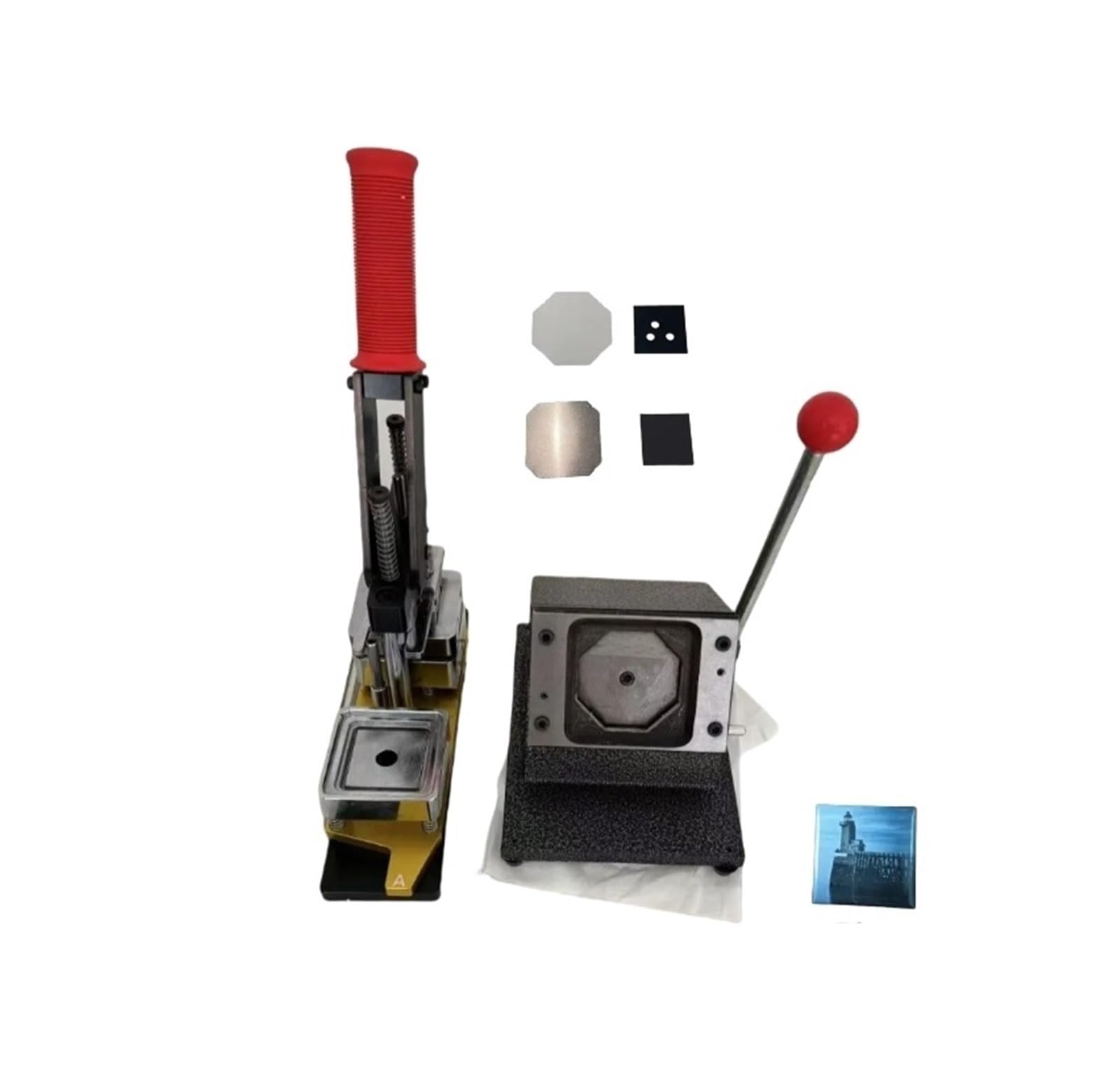 Button Badge Press Maschine Maschinensatz zur Herstellung quadratischer Kühlschrankmagnete aus Stahl mit 100-teiligem Materialsatz