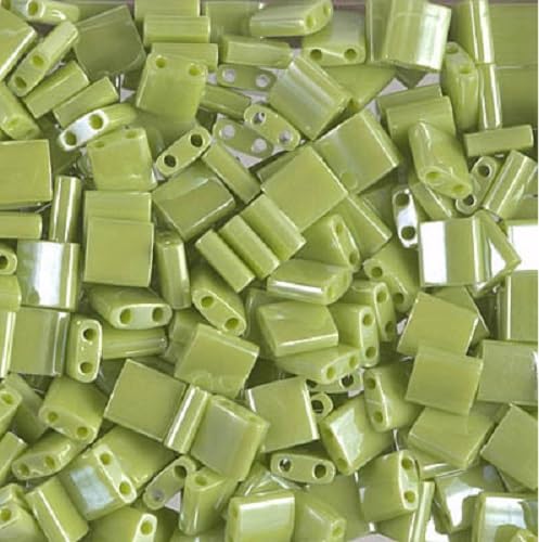 5 g Miyuki 2-hole Beads, size Tila 5 x 5 mm, Opaque Chartreuse Luster Green (# 0439), Japan, Glass