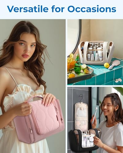 BAGSMART Travel Toiletry Bag for Women, Puffy Hanging Toiletry Bag with Hook, Water-resistant Toiletry Organizer for Full Sized Toiletries, Black2