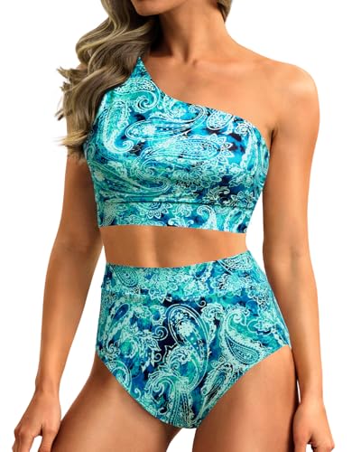 Image of Holipick Women One Shoulder High Waisted Bikini Sets Two Piece Swimsuit Tummy Control Bathing Suit Full Coverage Swimwear