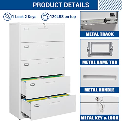 Fesbos Lateral File Cabinet With Lock - 5 Drawers Metal Steel Filling Cabinets For Home Office - Lockable Storage Cabinet For Hanging Files Letter/Legal/F4/A4 Size-Assembly Required #TOP6
