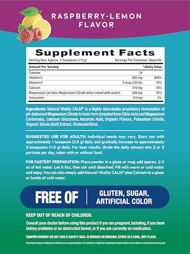 Natural Vitality Calm, Magnesium & Calcium Supplement, Drink Mix Powder Supports a Healthy Response to Stress, Gluten Free, Vegan, & Non-GMO, Raspberry Lemon, 16 oz
