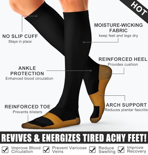 Image of Copper Compression Socks Women & Men Circulation(6 pairs) - Best for Running, Nursing, Hiking, Recovery & Flight Socks