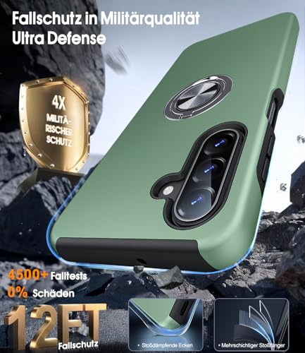 AOUIA für Samsung Galaxy A17 5G Hülle mit 2 Stück Panzerglas, Militärischer Stoßschutz Samsung A17 Hülle, 360° Drehbarer Ring Ständer Handyhülle für Samsung A17, Alpengrün 5