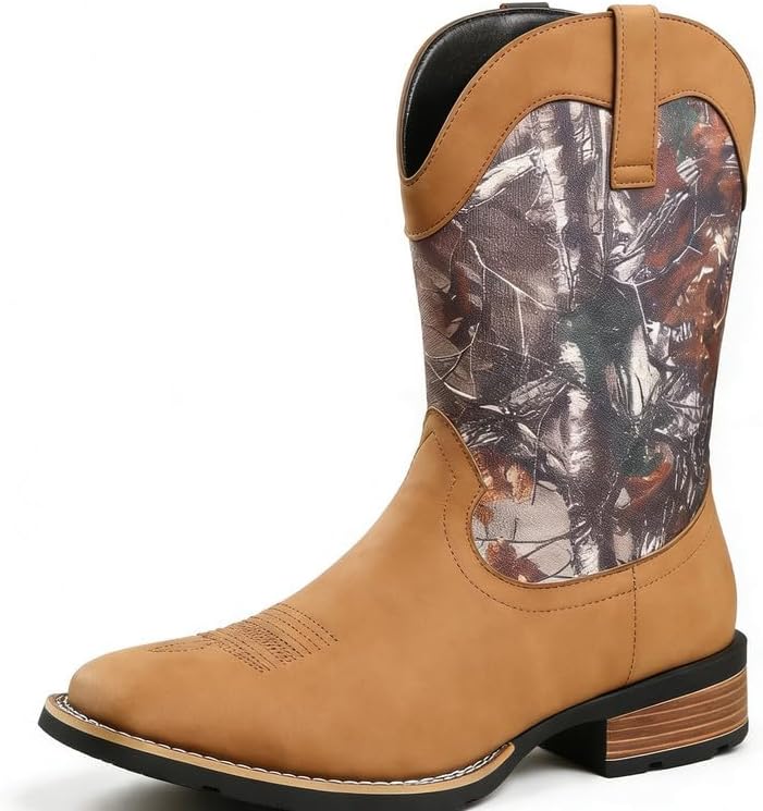 Men’s Camouflage Western Cowboy Boots Square Toe Pull-On Style Durable Synthetic Leather Outdoor Work & Casual Wear – Yellow/Black/Tan Options