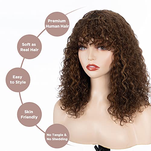 Short Curly Human-Hair Wigs with Bangs 14 Inch Jerry Curl Bob Wigs Human Hair Brazilian Virgin Human Hair None Lace Front Wigs for Black Women Machine Made Black Wigs - Image 4