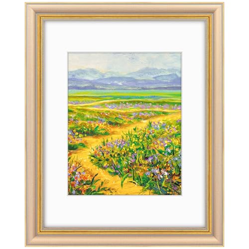Image of Golden State Art,11x14 Ornate Picture Frame Holds 8x10 Photo,Champagne Gold | Includes real glass front,white mat,build-in hangers and buttons.Displays 8x10 photo on wall