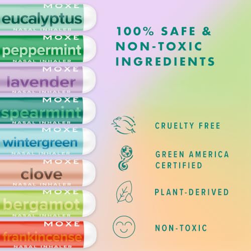 Image of MOXĒ Pure Essential Oil Nasal Inhaler Stick Bundle, 8 Scents, Sinus Relief | Eight Pure Essential Oil Inhalers for Refreshing, Calming and Cooling Aromatherapy; Portable No-Mess Scent Sticks