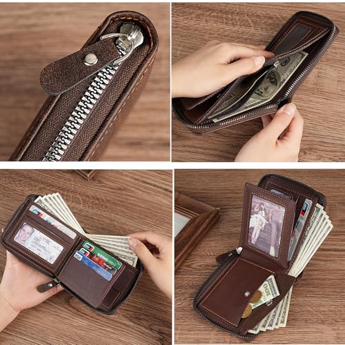 FULLBELL Vintage Leather Wallet for Men - 9 Card Slots & 2 ID Windows | Durable Stitching Zipper Design | Large Capacity Travel Wallet with Gift Box (Coffee) | Father’s Day Gifts.3