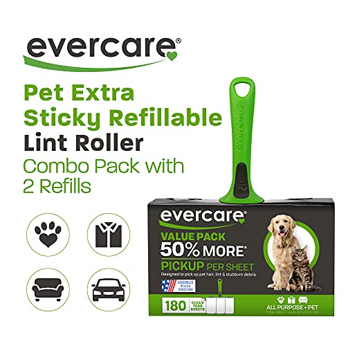 Image of Evercare All Purpose Pet Hair Lint Roller with 2 Refills, 180 Total Sheets - Reusable Sticky Roller for Pet Hair, Cat & Dog Hair Remover, Lint Remover, Pet Hair Remover for Furniture, Clothing & Cars