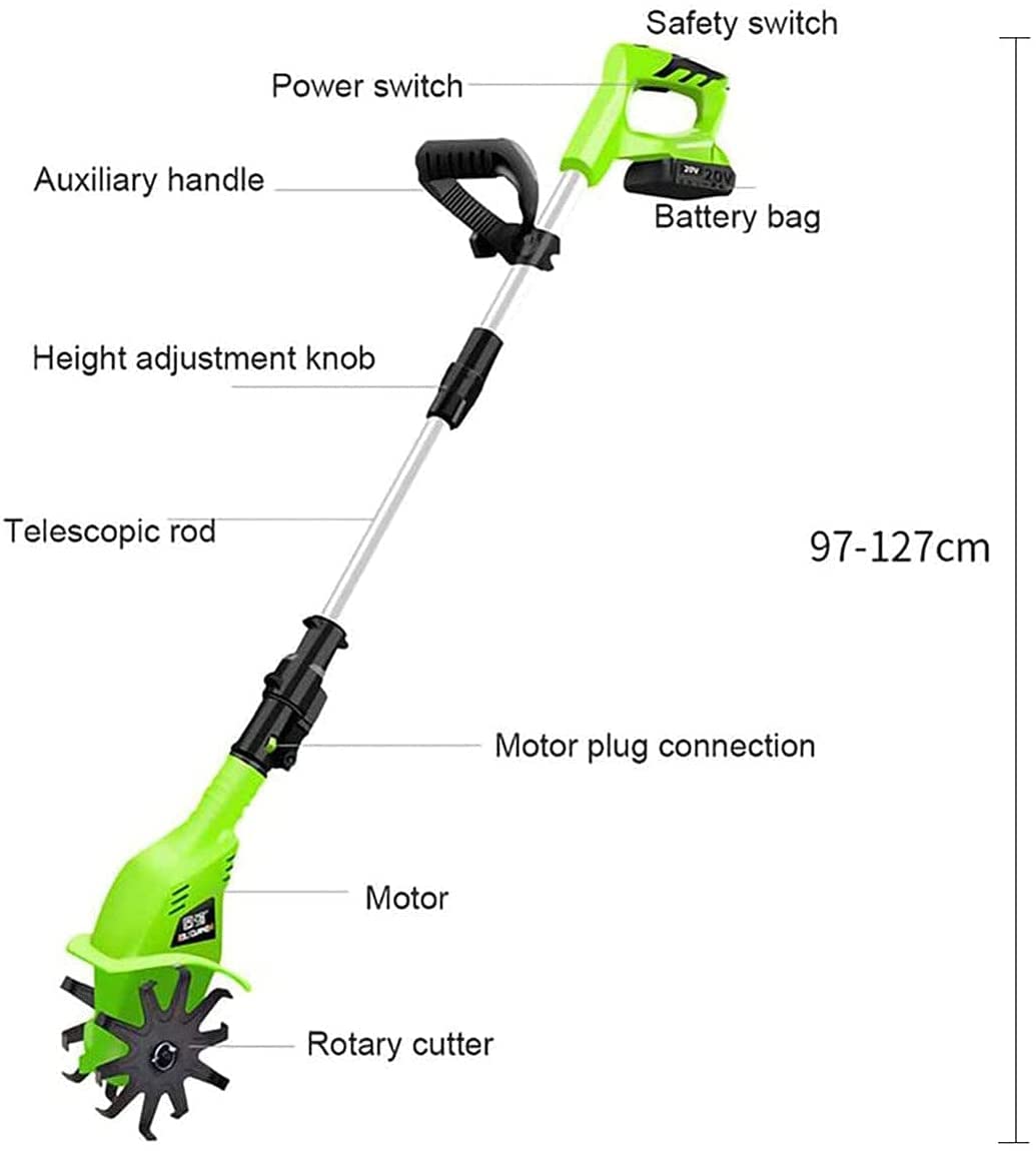 Rototiller eléctrico inalámbrico portátil de 20V for Jardines y parcelas de Verduras con cultivador de Suelo eléctrico de Empuje Manual