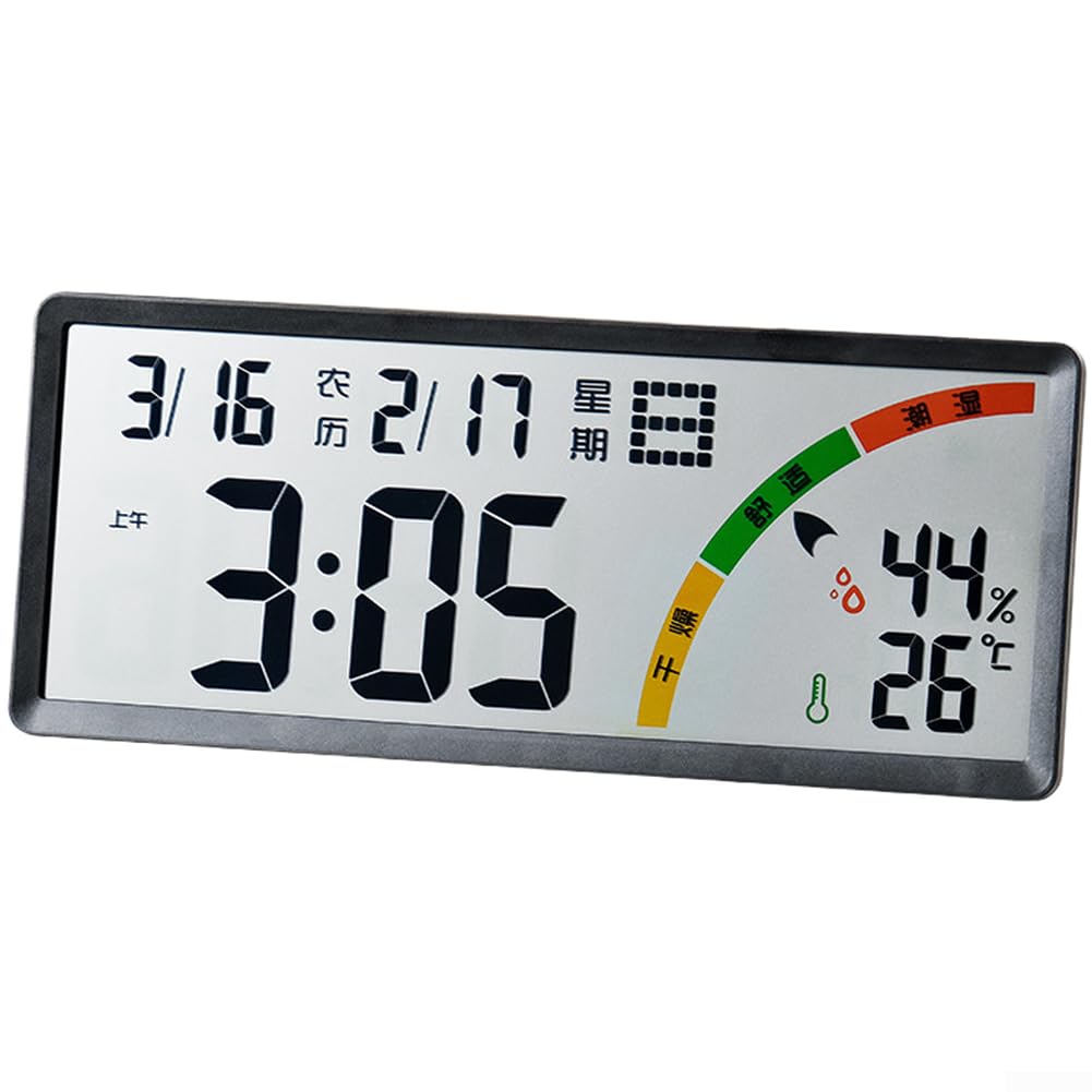 Orologio LCD di grande formato per uso da parete o scrivania, con calendario lunare, temperatura e umidità, allarme e cronometro (8304 nero)