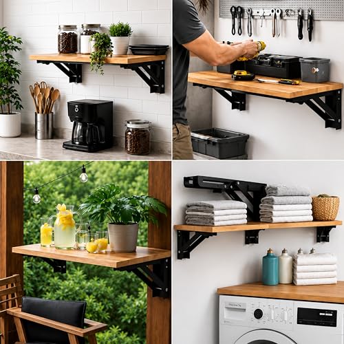 Image of Foldable Shelf Bracket 16 Inch Heavy Duty, Folding Table Bracket Wall Mounted Support for Fold Down Table, Workbench, Kitchen Counter, Study Desk & Space Saving Shelf, Black Metal Bracket Pack of 2