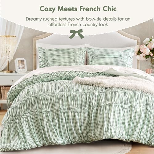 Image of Intelligent Design Ruched Shabby Chic Green Queen Comforter Set, 3pc | Girls Bedding Set, French Country, All Season Down Alternative, Cozy, Machine Washable, Lightweight, Breathable